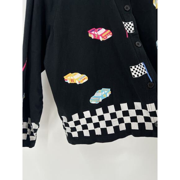 Michael Simon Lite Jacket Womens Medium Black Racecar Racing Flag Cars Buttons - Picture 6 of 16